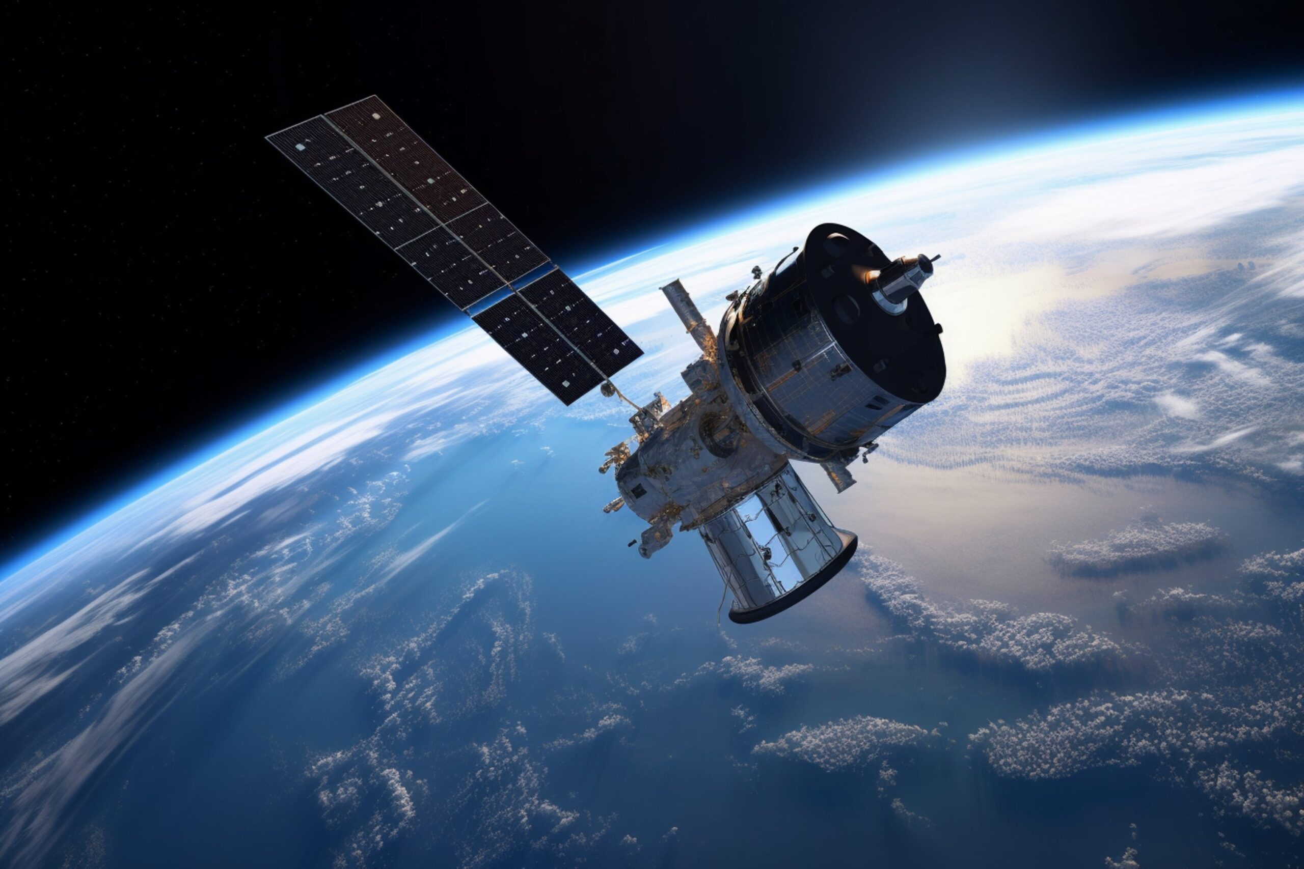 Virsraksta attēls ar satelītu un planētu Zeme